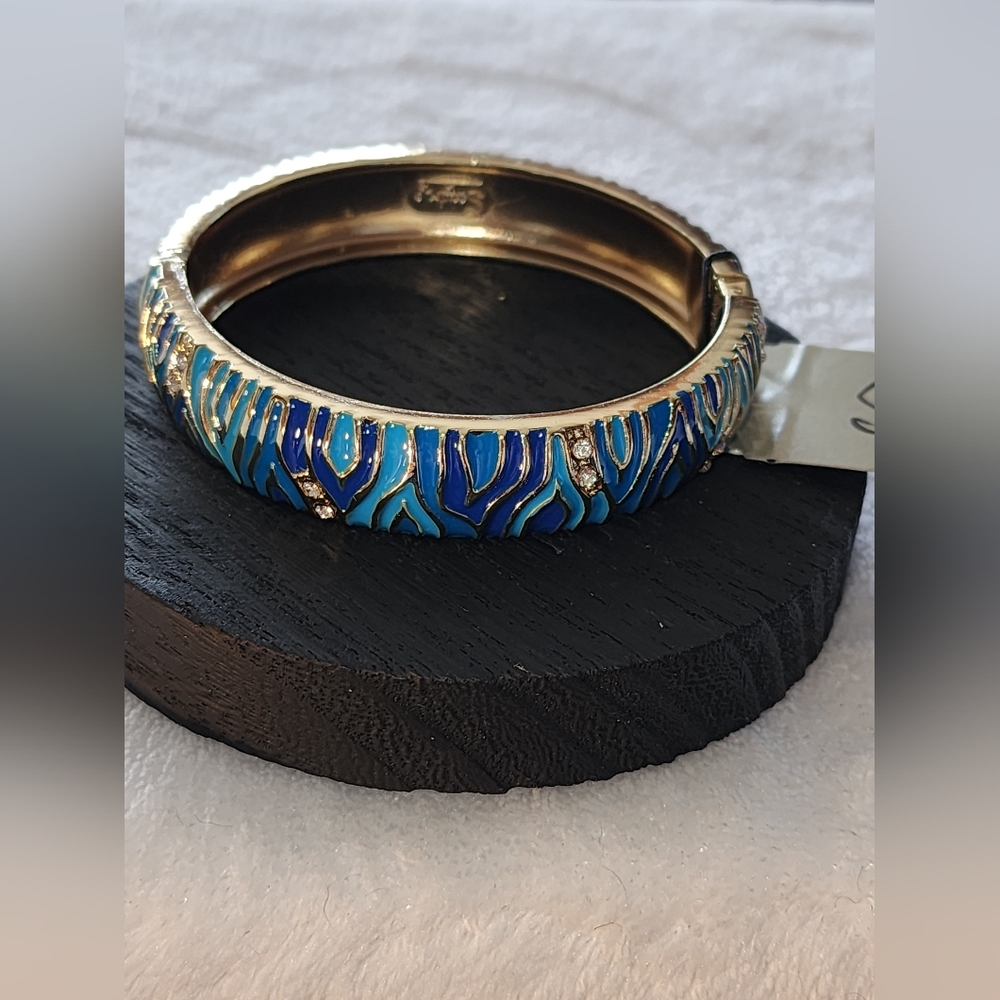 STUNNING Sequin™ Blue Enamel & Crystal Hinged Bangle Bracelet NWT